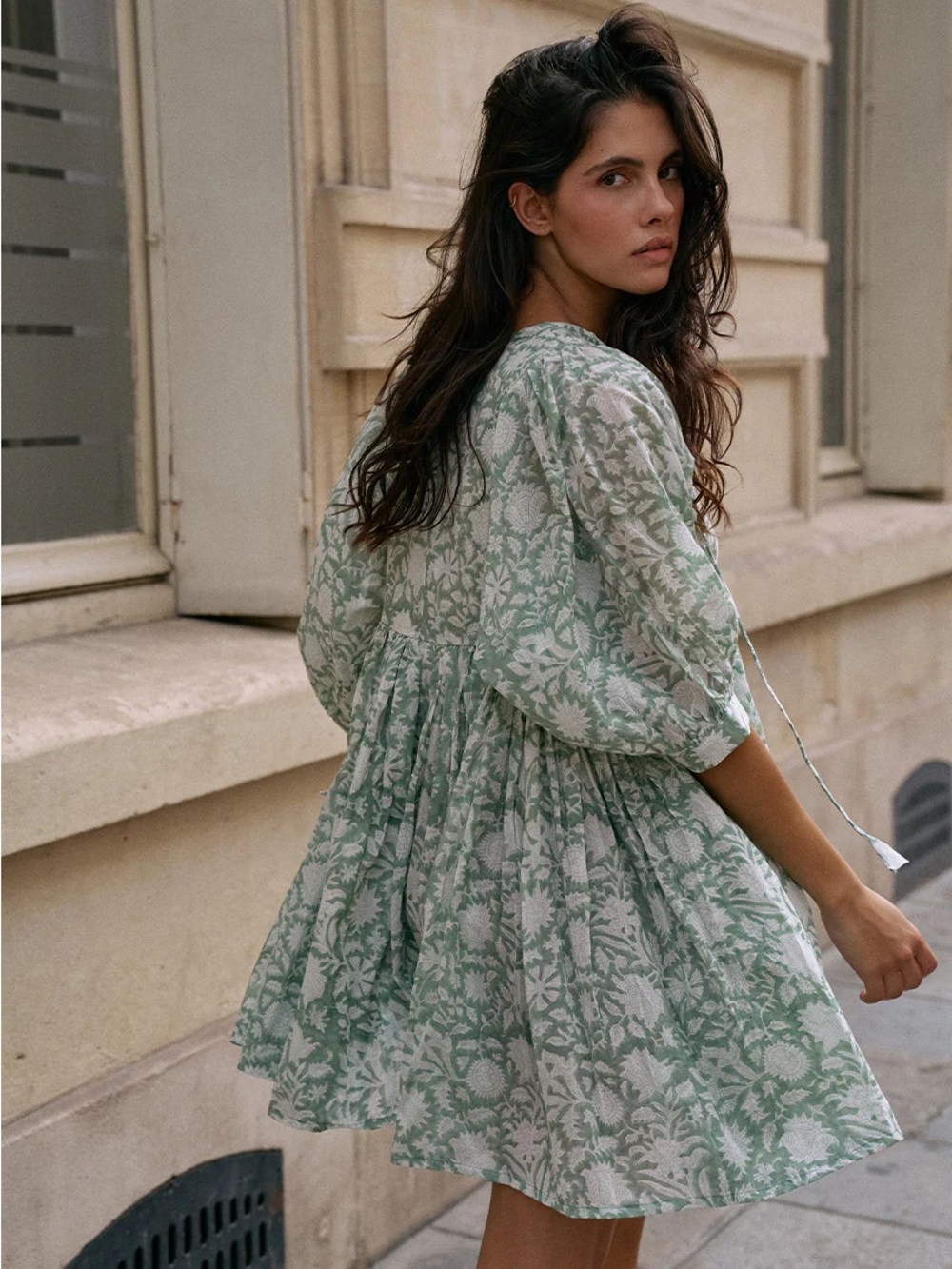 Daughters of India Sage Green Floral Tiered Mini Dress NWOT